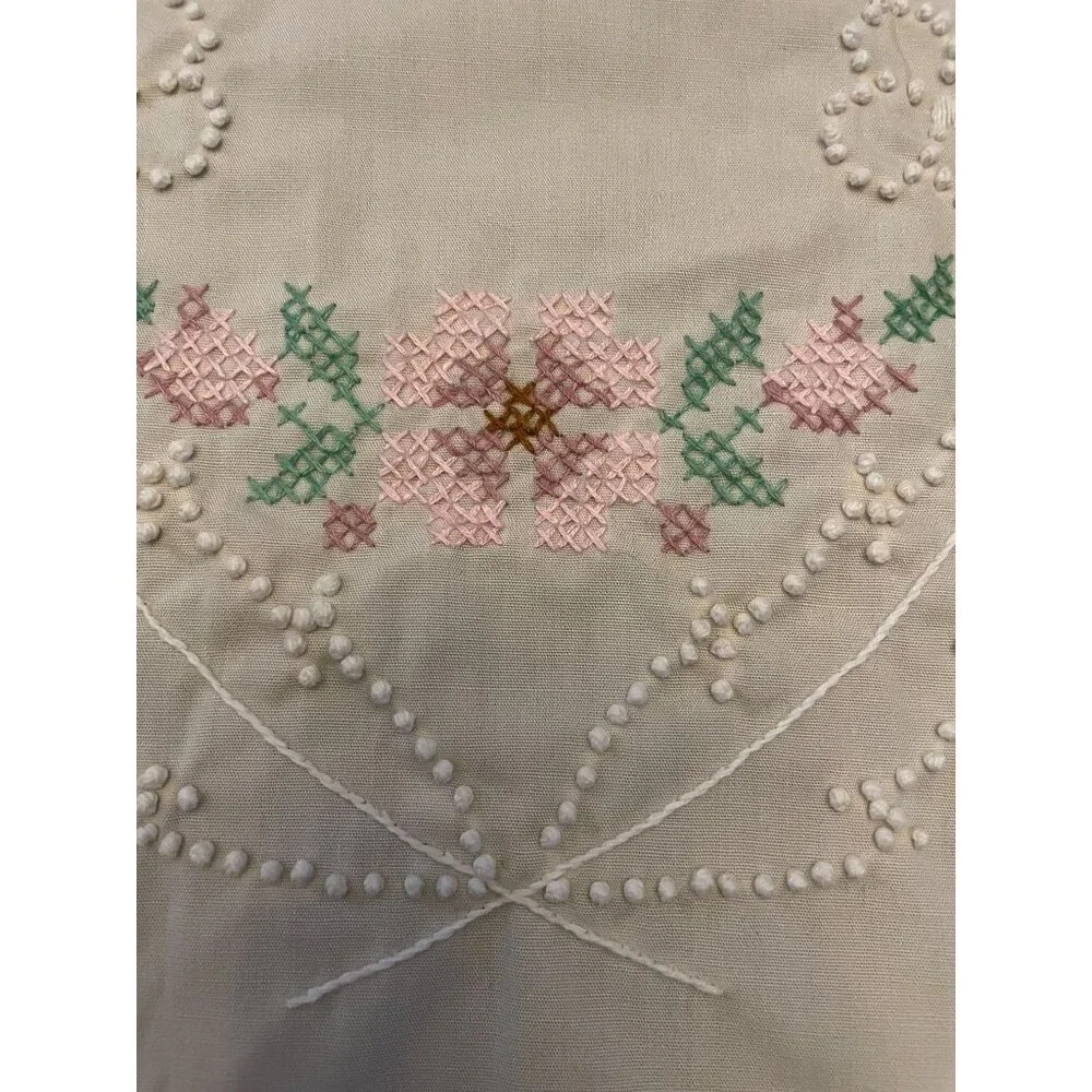 Vintage Cross Stitch Tablecloth Used Beige Mauve Green Pink
